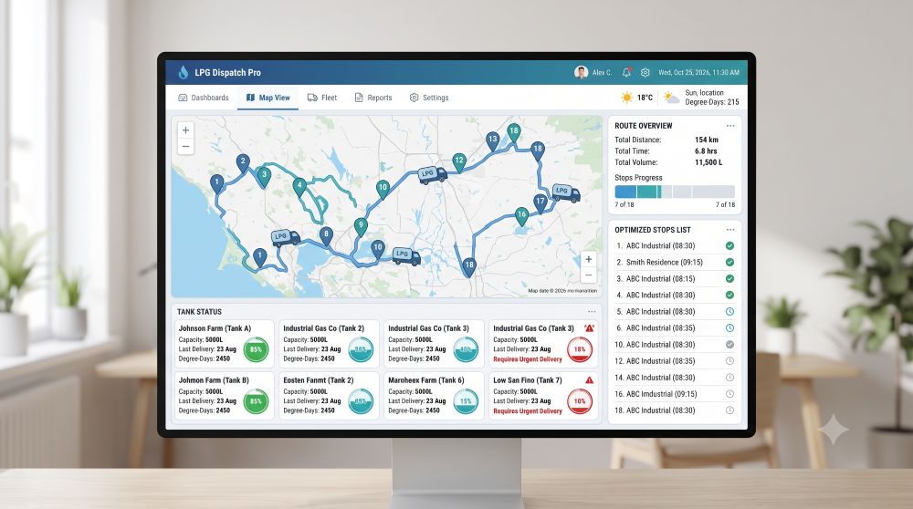 Écran de dispatching ERP affichant une tournée GPL optimisée sur une carte avec les niveaux de citernes