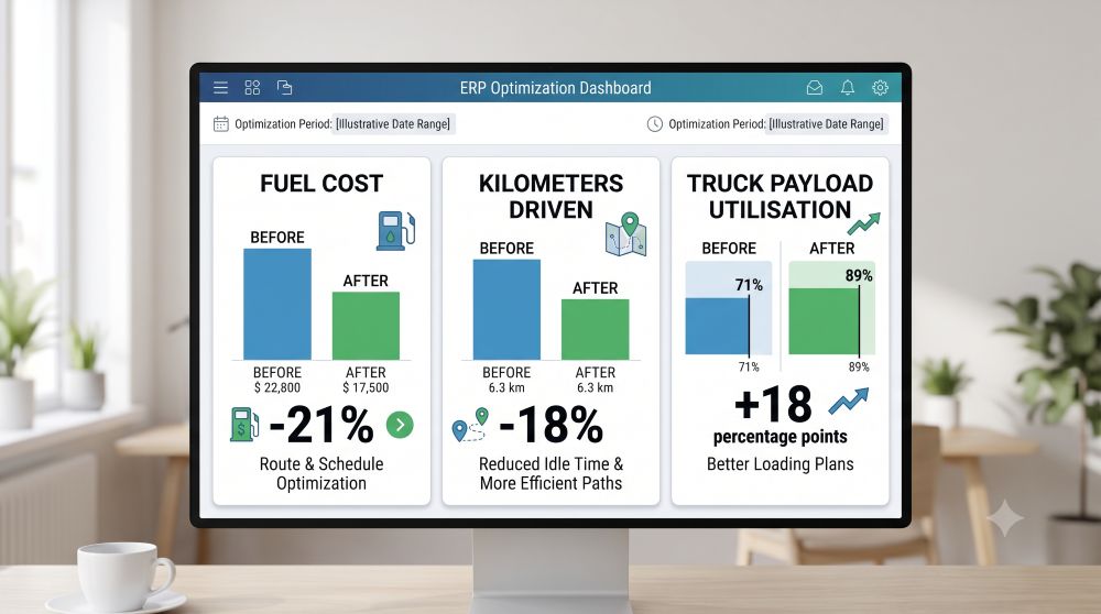 Tableau de bord comparant coût carburant, kilométrage et remplissage avant et après optimisation